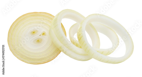 Konstfotografi Isolated slices of yellow onion, cooking ingredient, healthy food, preparing foo