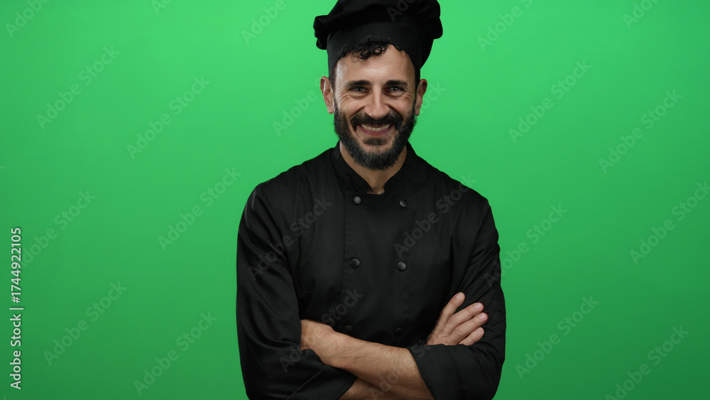 Naklejka premium Smiling hispanic male chef with beard in black uniform standing confidently against vibrant green background showcasing culinary expertise.