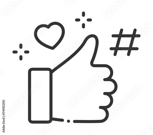 Black and white icon of thumbs up, heart, and hashtag symbols