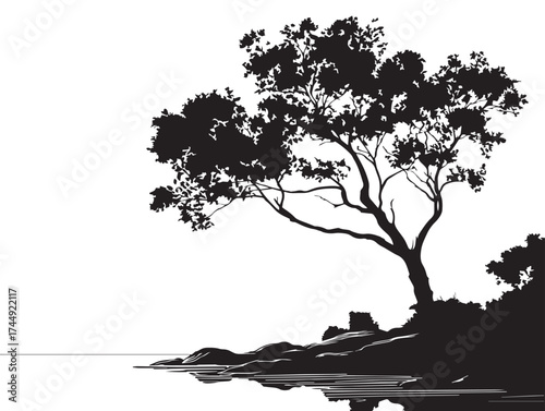 Peaceful Tree by Lakeside Shore Black Silhouette Artwork