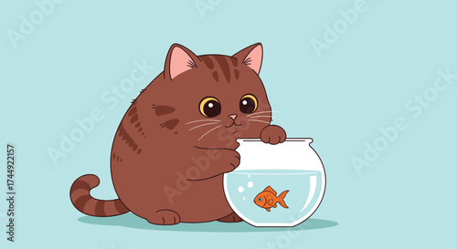A cute fluffy brown cat peeking into a fishbowl with a goldfish.