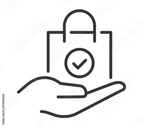 Secure online shopping icon: hand holding bag with checkmark for safety and trust