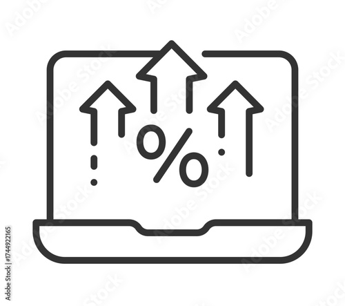 Laptop displaying rising arrows and percentage sign icon for business growth concept