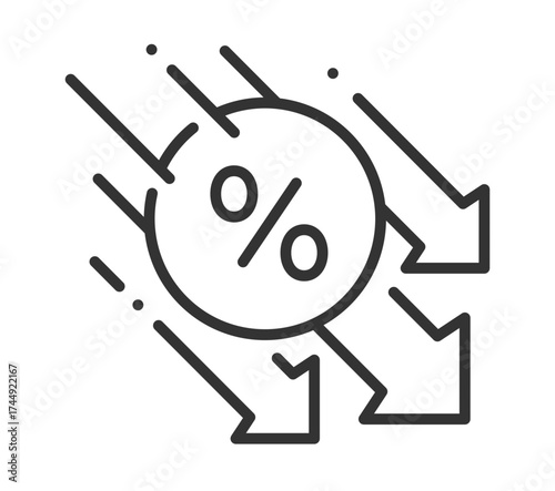 Interest rate decline: black and white percentage icon with downward arrows