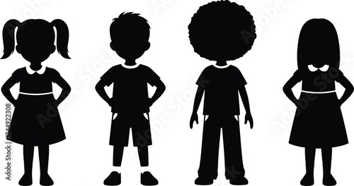 Childrg together, hairstyle variety, fashion contrast, unity, identity, childhood, stock illustration