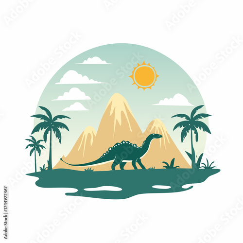 Sauropod dinosaur walking in prehistoric landscape during the daytime