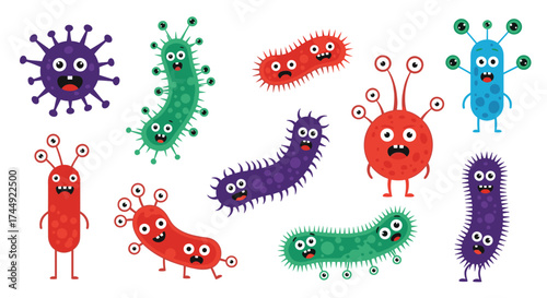 A collection of cute and colorful cartoon germs with silly expressions.