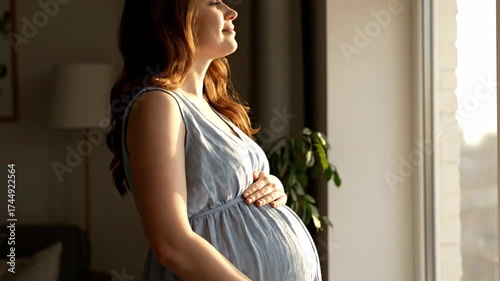 heavily pregnant, Peaceful Pregnant Woman Embracing Her Baby Bump by a Sunlit Window.