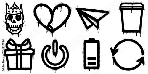 Street art inspired graffiti icon collection in dripping black paint style Includes skull with crown heart paper plane trash bin gift box power button battery and recycle arrows