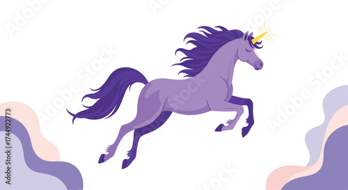 A whimsical purple unicorn leaping through a dreamy cloudy sky.