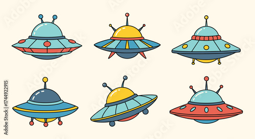 A retro collection of colorful cartoon flying saucers with antennae and lights.