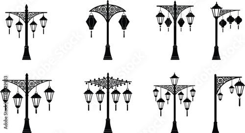 decorative, street, lamp, silhouette, lantern, ornate, vintage, modern, pole, urban, outdoor, illumination