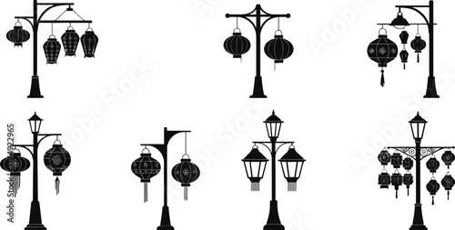 traditional, street, lamp, silhouette, lantern, hanging, festive, cultural, decorative, pole, urban, outdoor