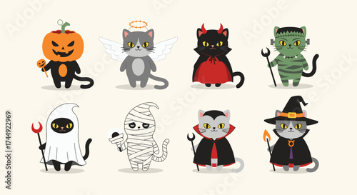 Cute cartoon cats dressed up for halloween.