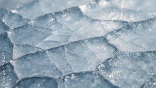 Close-up view of cracked glacial ice, showcasing textures and icy blue hues