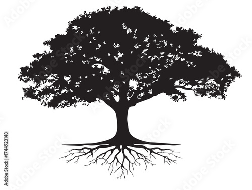 Ancient Tree with Roots in Minimal Silhouette Style