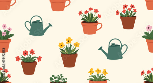 A charming pattern of potted plants and watering cans.