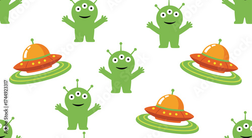 Cute little green aliens and flying saucers on a white background.