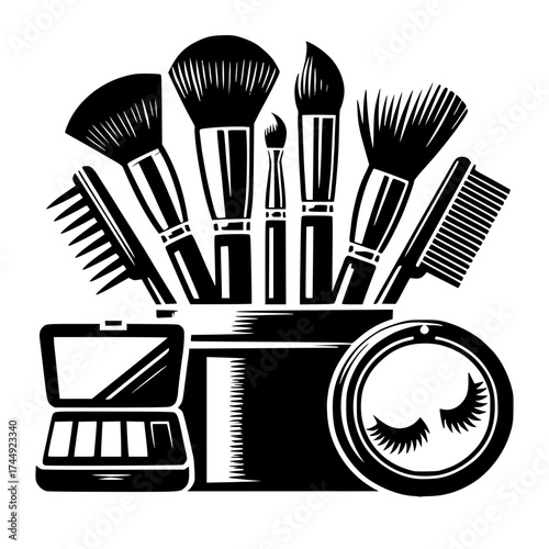 Black Clean Professional Makeup Concealer Powder Blush Eye Shadow Brow Brushes with Wooden Handles in Black  Tube Isolated vector icon with transparent background 