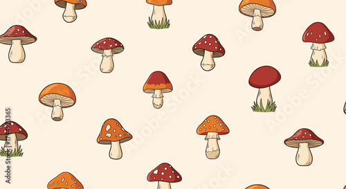 A delightful pattern featuring a variety of charming mushrooms in different colors and sizes.