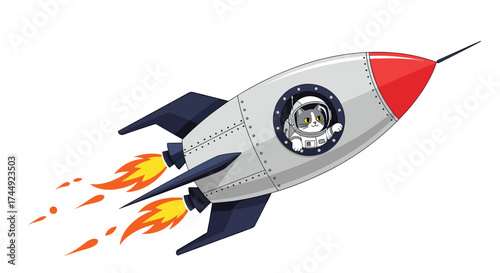 A cat in a space suit pilots a rocket ship to the stars.