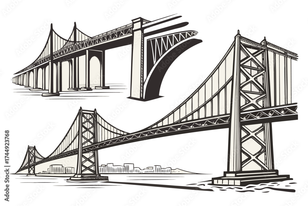 Obraz premium Vector Engineering Bridge Illustration – Architectural Sketch of Historic and Modern Bridges.