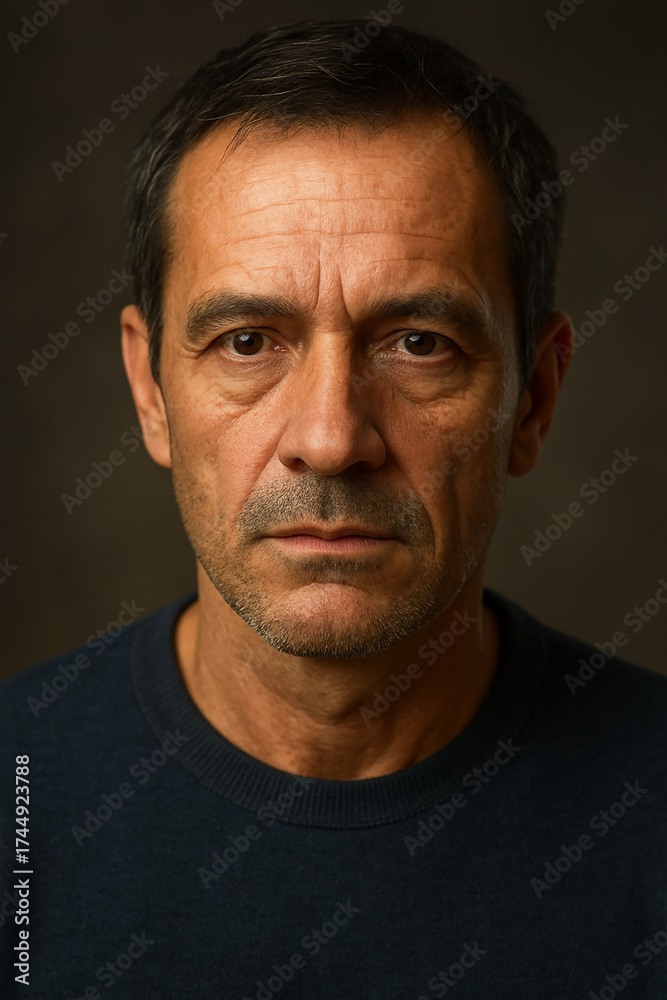 Fototapeta premium Portrait réaliste d’un homme au regard sérieux et à l’expression introspective