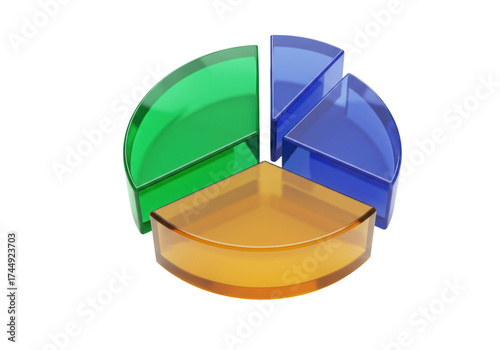 Colorful pie chart sections isolated on transparent background, business data visualization in 3D render format