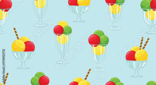 A delightful collection of colorful ice cream sundaes in clear glass bowls.