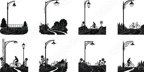 street, lamp, silhouette, park, bench, bicycle, pathway, decorative, urban, outdoor, illumination, electricity