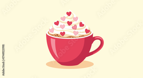A warm mug of coffee topped with whipped cream and heart sprinkles.