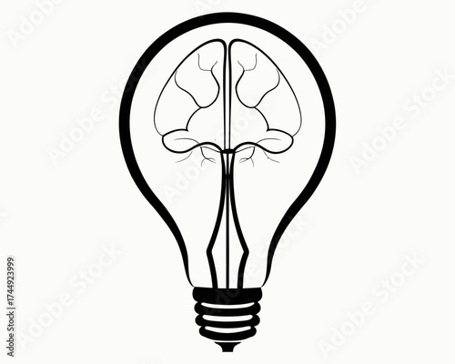 Illustration of a lightbulb with a brain inside representing ideas and innovation on a white background | editable eps vectors silhouette