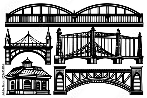 Vector Engineering Bridge Illustration – Architectural Sketch of Historic and Modern Bridges.