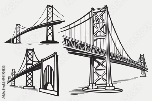 Vector Engineering Bridge Illustration – Architectural Sketch of Historic and Modern Bridges.
