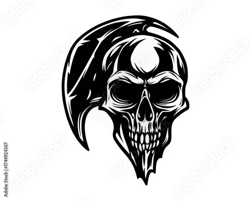 Skull illustration with tribal like headdress in black and white vector design isolated on white background | editable eps vectors silhouette