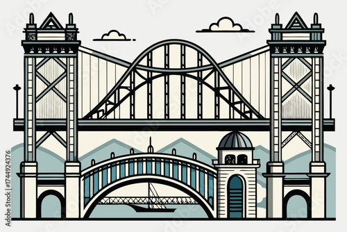Vector Engineering Bridge Illustration – Architectural Sketch of Historic and Modern Bridges.