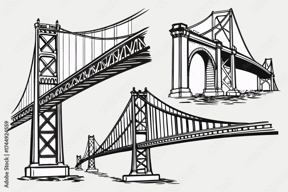 Fototapeta premium Vector Engineering Bridge Illustration – Architectural Sketch of Historic and Modern Bridges.
