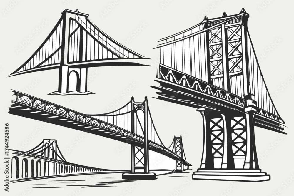Obraz premium Vector Engineering Bridge Illustration – Architectural Sketch of Historic and Modern Bridges.