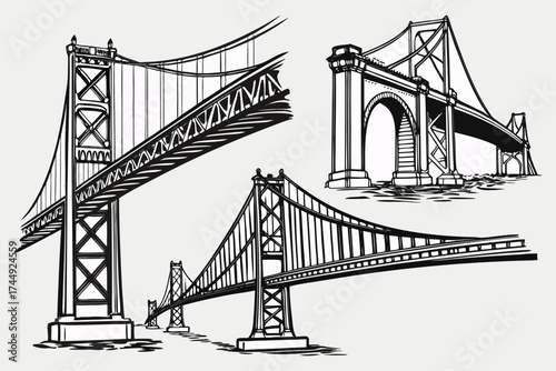 Vector Engineering Bridge Illustration – Architectural Sketch of Historic and Modern Bridges.