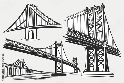 Vector Engineering Bridge Illustration – Architectural Sketch of Historic and Modern Bridges.