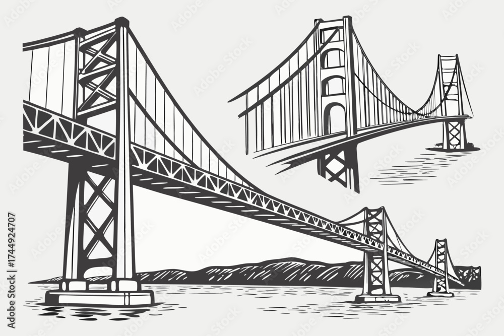 Fototapeta premium Vector Engineering Bridge Illustration – Architectural Sketch of Historic and Modern Bridges.