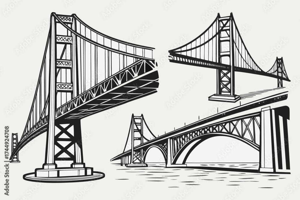 Fototapeta premium Vector Engineering Bridge Illustration – Architectural Sketch of Historic and Modern Bridges.