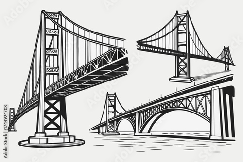 Vector Engineering Bridge Illustration – Architectural Sketch of Historic and Modern Bridges.