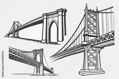 Vector Engineering Bridge Illustration – Architectural Sketch of Historic and Modern Bridges.