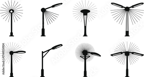 street, light, pole, silhouette, lamp, illumination, rays, urban, outdoor, electricity, infrastructure, city, architecture, design, vector, illustration, public, lighting, equipment, night, object