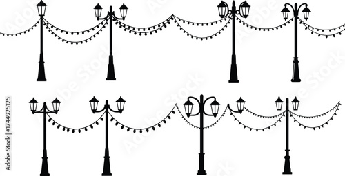 Decorative street lamp silhouettes with ornate lanterns and hanging string lights, festive urban lighting design, city infrastructure, architectural illustration, celebration ambiance