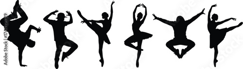 Dance silhouette collection, black dancer poses, ballet and contemporary movement, isolated white background, expressive choreography, artistic motion, elegant form