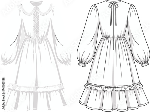 Fashion illustration, dress design, technical sketch, Peter Pan collar, lace-up bodice, puff sleeves, ruffled hem, front and back view
