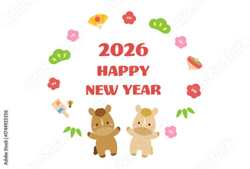 午年の年賀状、馬と松竹梅の飾り枠、2026 年賀状テンプレート