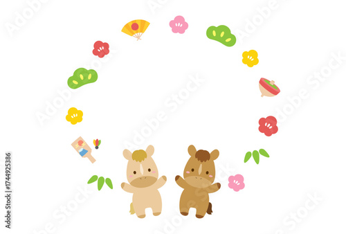 午年の年賀状、馬と松竹梅のフレーム、2026 年賀状テンプレート